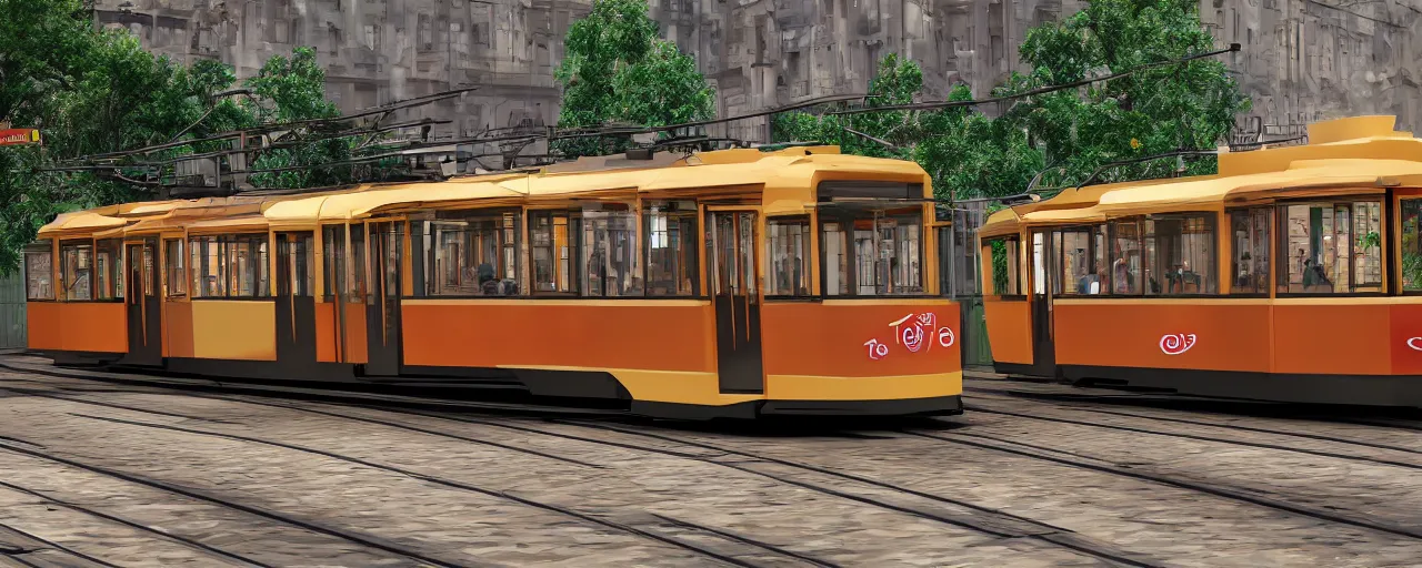 Image similar to tram made of sausage, 4k, ultra detailed, hyper realistic,