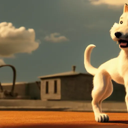 Image similar to tintin and his white wire fox terrier, depicted as a pixar character, high quality cg render, 8 k