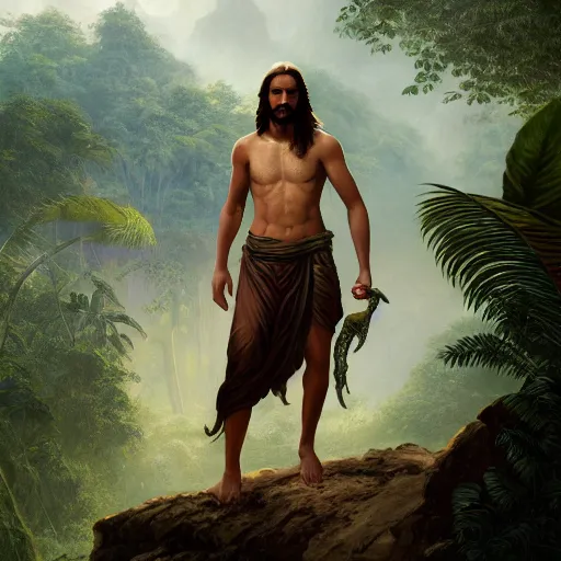 Image similar to a detailed matte painting of a ridiculously good looking jesus who is exploring the prehistoric jungle with his pet velociraptor, elegant ancient greek dress, jungle as the background, very detailed, beautiful, intricate, art by greg rutkowski and robert e howard, octane render