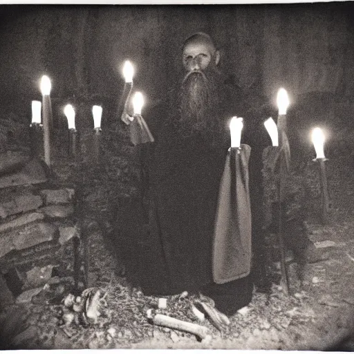 Image similar to trail _ camera _ photo _ of _ a _ breaton monks looking like rasputin with lit candles _ realistic _ spooky _ grimdark _ night _ black _ and _ white, polaroid