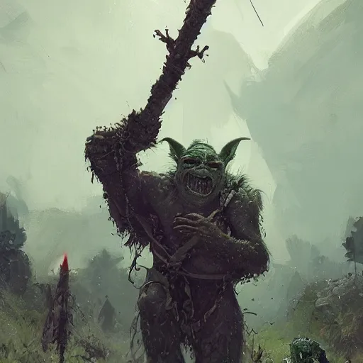 Image similar to portrait of the grinning elder goblin wearing chainmail whilst concealing a spear within the interior orc encampment greg rutkowski ismail inceoglu ishbel myerscough