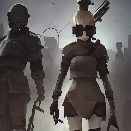 Image similar to NOD infantry troops in C&C Kane's Wrath, Ilya Kuvshinov, by Greg Tocchini, nier:automata, set in half-life 2, beautiful with eerie vibes, very inspirational, very stylish, with gradients, surrealistic, postapocalyptic vibes, depth of filed, mist, rich cinematic atmosphere, perfect digital art, mystical journey in strange world, bastion game, arthouse