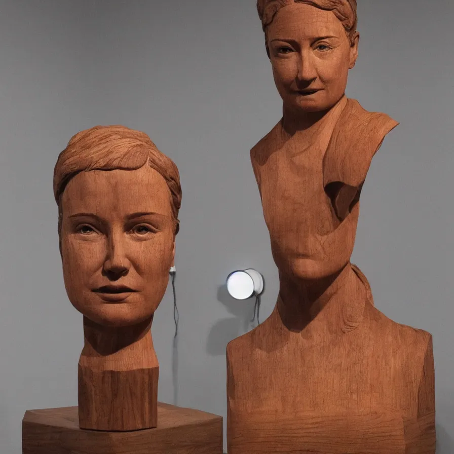 Prompt: realistic monumental sculpture portrait of a powerful stern woman, beautiful symmetrical face realistic proportions, carved out of a red oak wood on a pedestal by stephan balkenhol and duane hanson and martin puryear, hyperrealistic dramatic colored lighting trending on artstation 8 k