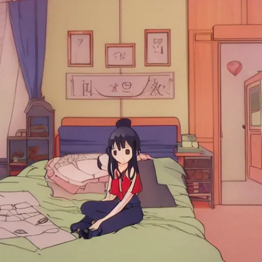 Prompt: bedroom in studio ghibli, Zero Two sitting on bed, anime style