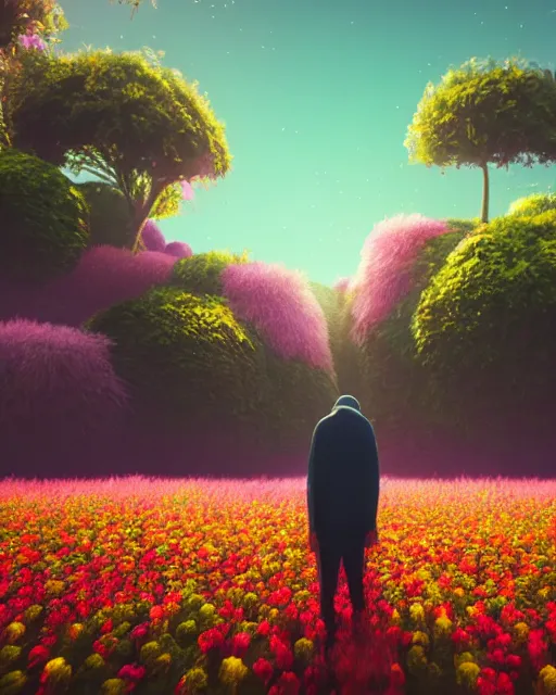 Image similar to beautiful happy landscape, anonymous head, beautiful flowers growing, in the style of beeple and mike winkelmann, intricate, epic lighting, cinematic composition, hyper realistic, 8 k resolution, unreal engine 5, raytracing, reflections, ultraviolet colors