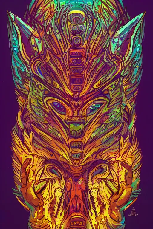 Image similar to totem animal mask tribal feather gemstone plant wood rock shaman vodoo video game vector illustration vivid multicolor borderlands comics by josan gonzales and dan mumford radiating a glowing aura