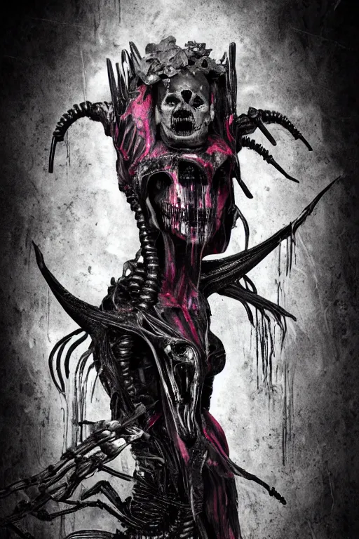 Prompt: skull - voodoo as xenomorph queen, psycho stupid fuck it insane, looks like death but cant seem to confirm, cinematic lighting, decaying acid bleeding colors! various refining methods, micro macro autofocus, ultra definition, award winning photo, to hell with you, later confirm hyperrealism, devianart craze, photograph picture taken by gammell - giger