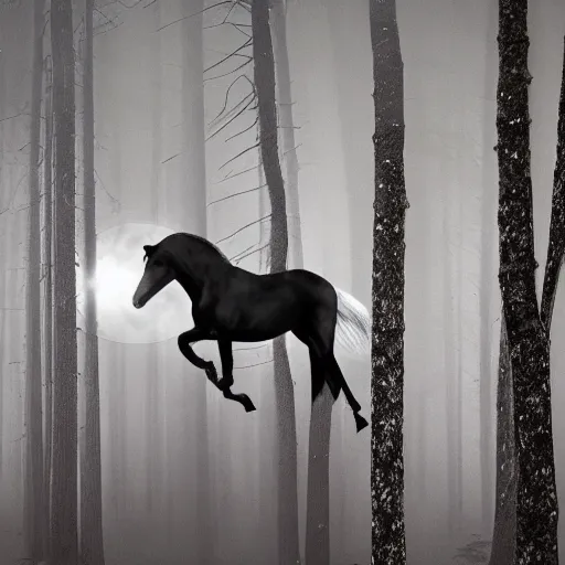 Image similar to photo of a black horse with wings of a a bat flies in the light of the full moon in the forest, high detail