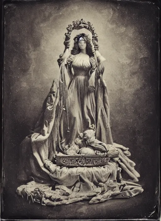 Image similar to old wetplate daguerreotype portrait of birth of lady justice, explosion of data fragments, fractal, intricate, elegant, highly detailed, parallax, leica, medium format, subsurface scattering, by jheronimus bosch and greg rutkowski and louis jacques mande daguerre