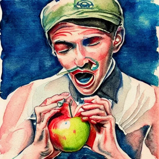 Prompt: a old tattoo of a sailor from the 1 9 4 0 s eating a honeycrisp apple, blues and whites, sketching, watercolor, color restoration, high quality