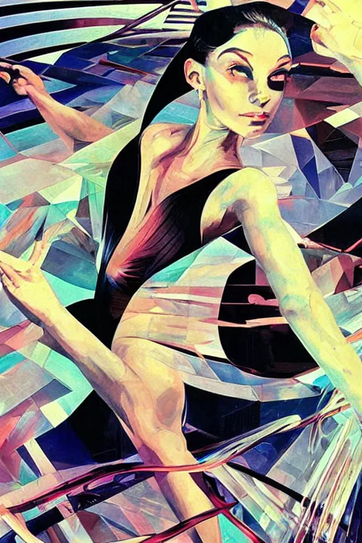 Image similar to wideangle portrait, a wild beautiful ballet dancer tangled in the tendrils of reality, madness, decoherence, synthwave, glitch!!, fractured reality, vortex, realistic, hyperdetailed, concept art, art by syd mead, cubism