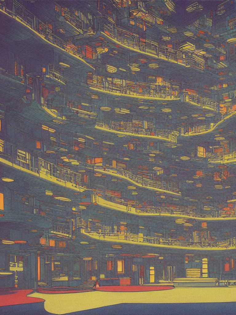 Prompt: a psychedelic hallucination of a brutalist hotel on the death star, by kawase hasui, moebius, edward hopper, colorful flat surreal design, dramatic lighting, hd, 8 k, artstation