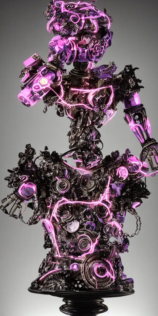 Image similar to full-body baroque and cyberpunk style sculpture of a young seductive Hispanic prince half android with a chest exposing a glowing gemstone battery and a CRT monitor face, glowing pink seductive laser eyes, crown of blue gears and diamonds, swirling salmon-colored silk fabric, robotic raptors dinosaurs. baroque elements. full-length view. intricate artwork by caravaggio. art by Artgerm and Greg Rutkowski and Alphonse Mucha and Tooth Wu and Beeple, Trending on artstation, cinematic industrial lighting, hyper realism, octane render, 8k, depth of field, 3D