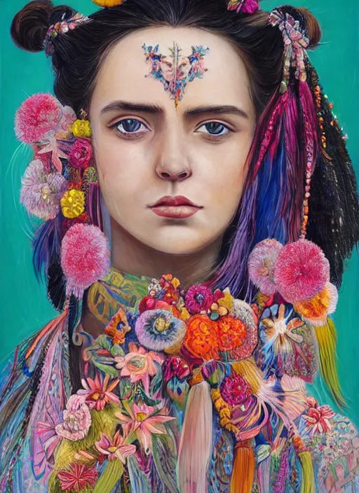 Image similar to beautiful portrait of a mediterranean female wearing fantastic Hand-dyed cotton dress, embellished beaded feather decorative fringe knots ,colorful pigtail,subtropical flowers and plants,symmetrical face,intricate,elegant, highly detailed, 8k,post-processing,digital painting, trending on artstation, concept art, sharp focus, illustration, by artgerm,Tom Bagshaw,Daniel Gerhartz,Albert Aublet,Lawrence Alma-Tadema,Maria Mirage