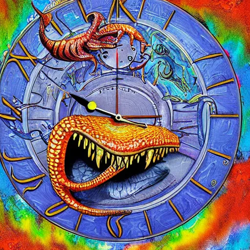 Prompt: misty deepfried hovering space sphere eel monster clock subcompact, by joe jusko and jackson pollock and georgia o'keefee, flat shading, detailed painting, seapunk