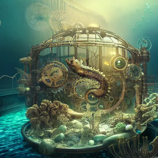 Prompt: mythical dreamy organic translucent bio-mechanical overpopulated underwater sci-fi steampunk city with seahorses, highly detailed, intricate crystal jelly steampunk ornate, poetic, 3D render, digital art, octane render, 8K artistic photography, photo-realistic, by Dora Maar