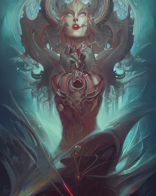 Prompt: portrait of a beautiful satanic cybernetic emanation, by pete mohrbacher and artgerm and wlop, digital art, highly detailed, intricate, fantasy, mystical, Trending on Artstation HQ, deviantart, unreal engine, 4K UHD image