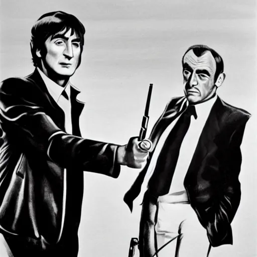 Prompt: john lennon pointing a gun at sean connery, james bond, 1960s film poster