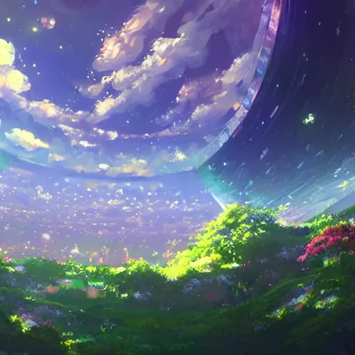 Prompt: a heavenly dream view from the interior of my cozy giant futuristic greenhouse tower dream world filled with color from a Makoto Shinkai oil on canvas inspired pixiv dreamy scenery art majestic fantasy scenery fantasy pixiv scenery art inspired by magical fantasy exterior illumination of awe and wonder