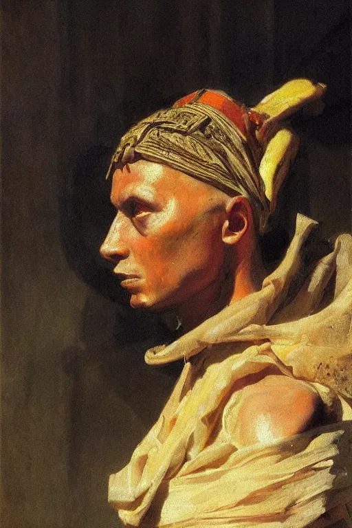 Prompt: a close portrait of a mantis wearing a toga in ancient rome. masterpiece, dramatic light and shadow, saturated colors, ciaroscuro. painted by anders zorn