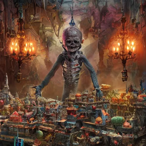Prompt: Fantasy Toy Store Horror, Fantasy Hyper detailed digital matte painting, concept art, hyperrealism, Cinema 4D, 8k resolution, 64 megapixels, coherent, bokeh, CGSociety, ZBrush Central, behance HD, hypermaximalist, a masterpiece, 4K