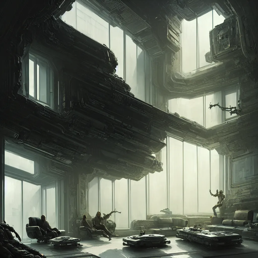 Prompt: Ultra realistic illustration, Futuristic living room with tall walls and windows to the outside, sci-fi, intricate, highly detailed, digital painting, artstation, cgnode, concept art, smooth, sharp focus, cinematic lighting , art by Maciej Rebisz and ashley wood and Fenghua Zhong