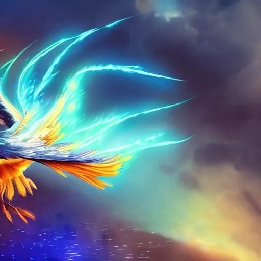 Image similar to a phoenix bird in flight, portrait, electric lightning, blue fire, furry, soft, concept art, sharp focus, intricate details, highly detailed, photorealistic, disney pixar, octane render, iridescent, anime, 8 k