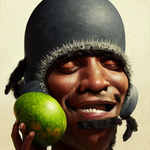 Image similar to front portrait of a funny looking not smiling black guy with a watermelon fruit helmet that covers only the top of his head by greg rutkowski