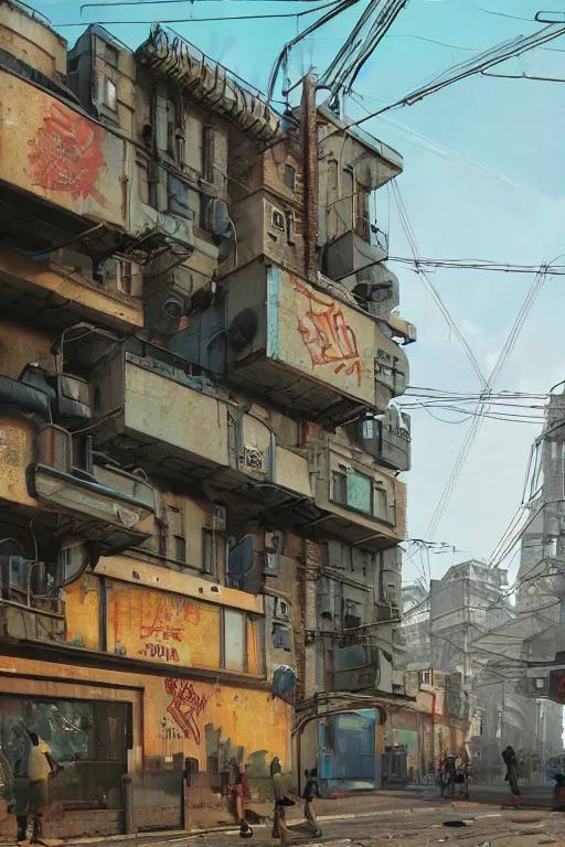 Image similar to a industrial STEAMPUNK CITY Street scenery in the FAVELAS, signs, billboards and cable Connecting MULTI LVL BUILDINGS, rendered by simon stålenhag, rendered by Beeple, Makoto Shinkai, syd meade, environment concept, digital art, starwars, Gundam Style, unreal engine, 3 point perspective, WLOP, trending on artstation, low level, 4K UHD image, octane render,