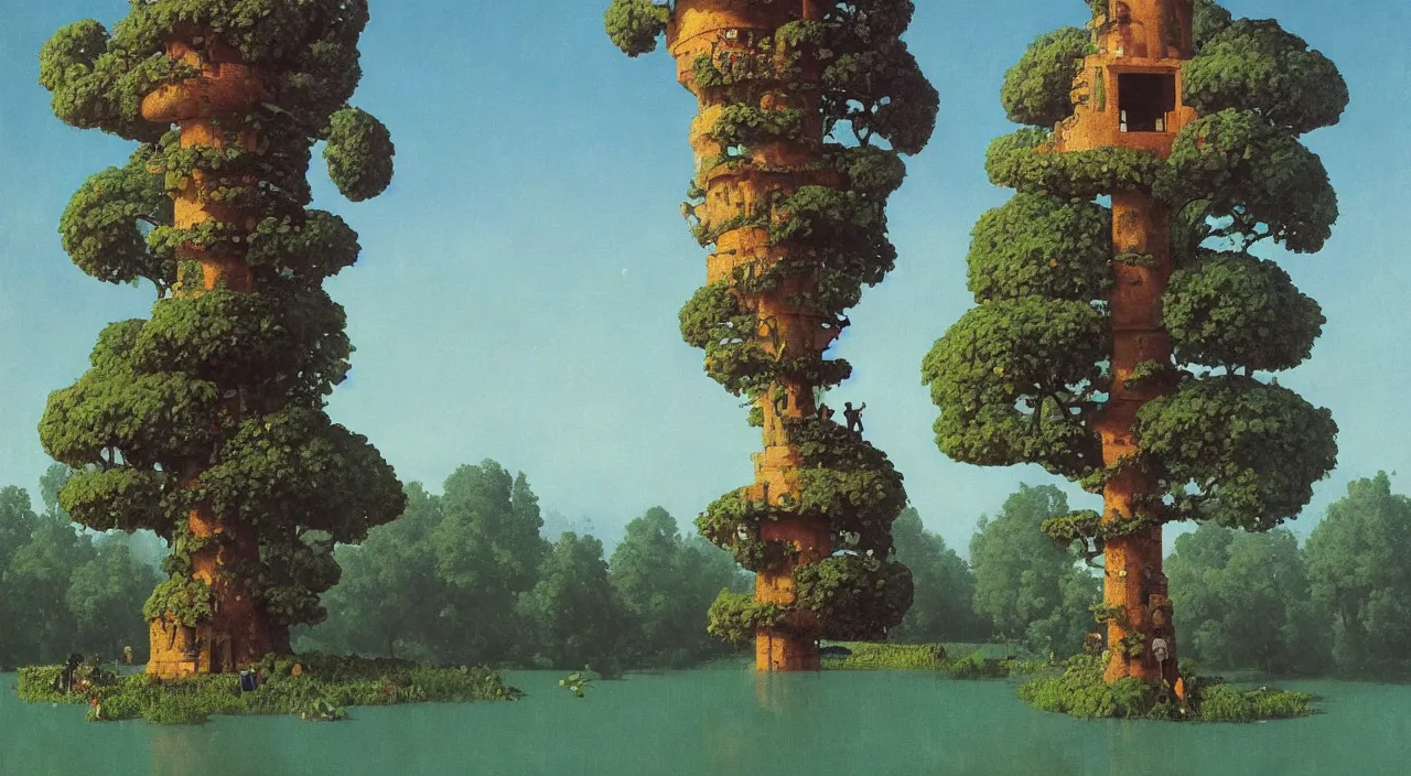 Image similar to single flooded simple snake tree tower!, very coherent and colorful high contrast!! masterpiece by rene magritte simon stalenhag carl spitzweg syd mead norman rockwell edward hopper james gilleard, minimalist, dark shadows, sunny day, hard lighting