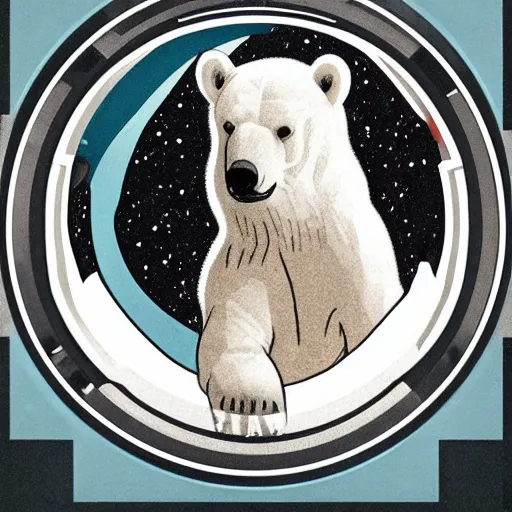 Prompt: photograph of a space polar bear, a polar bear in space, through a porthole, by alphonse mucha : 7 5 | by andy warhol : 2 5, control the soul, trending on artstation