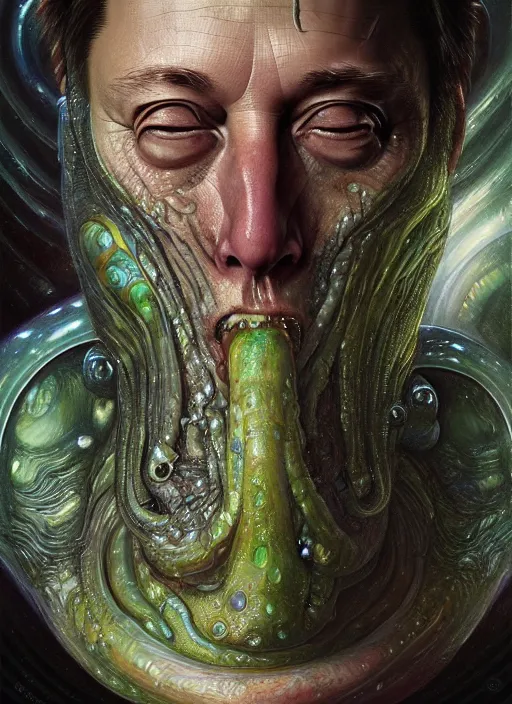 Image similar to elon musk as mollusk, slime, drool, portrait, intricate, elegant, highly detailed, digital painting, artstation, concept art, wallpaper, smooth, sharp focus, illustration, art by h. r. giger and artgerm and greg rutkowski and alphonse mucha