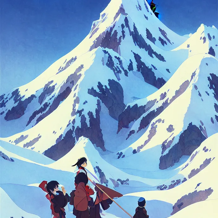 Image similar to japanese mountains, winter, in the style of studio ghibli, j. c. leyendecker, greg rutkowski, artem