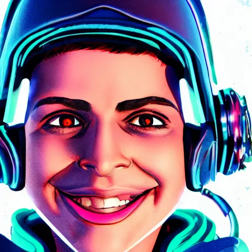 Prompt: in the style of bubbltek and josan gonzalez close up of a smiling young explorer wearing a cyberpunk headpiece, highly detailed, intricate details, 8k wallpaper