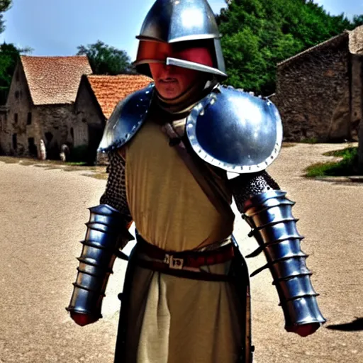 Image similar to medieval village idiot wearing full armor and war gear, no helmets