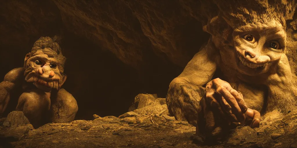 Image similar to a giant cave troll, 8 k, moody lighting, shallow depth of field,