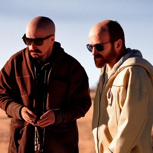 Image similar to mexican walter white and mexican jesse pinkman, cinematic lens, full shot, film still