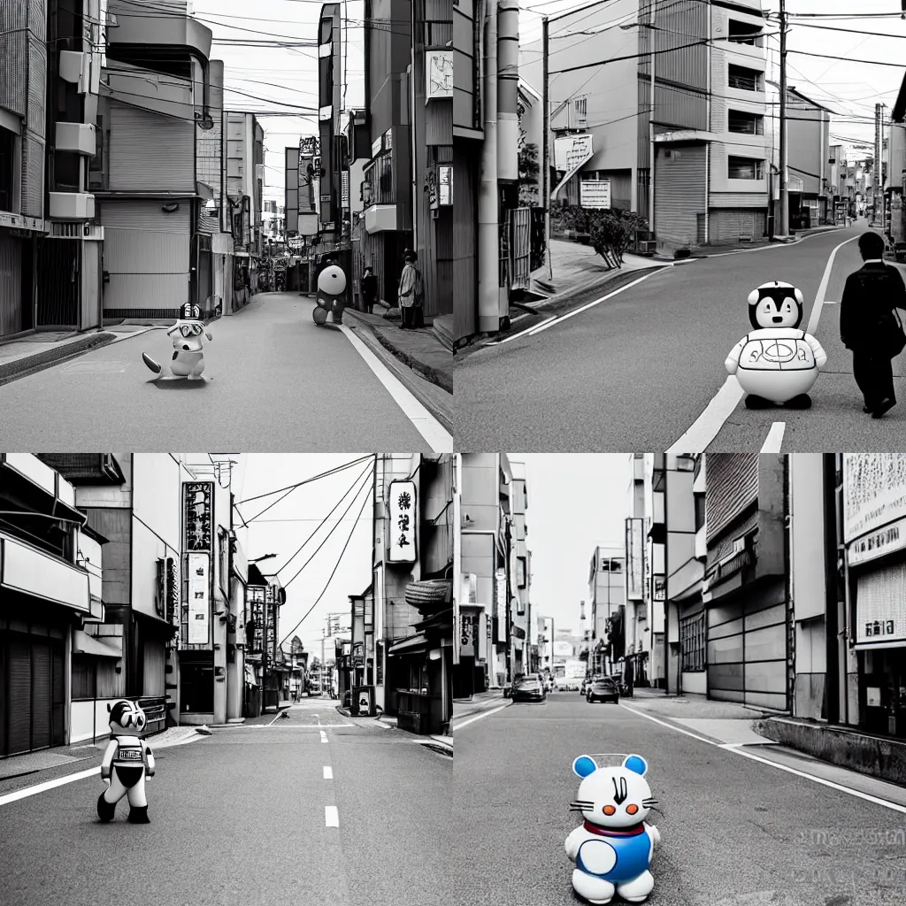 Prompt: Doraemon on a street in a working-class district in Japan, b&w photo