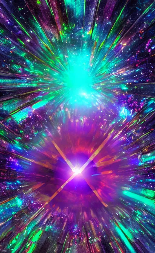 Image similar to Close-up of an iridescent crystal in space inside against the background of a time vortex, magic, fantasy, realism, beautiful, epic, dream, realism, photo, 8K, high quality, high resolution, HDR, 4K, lossless