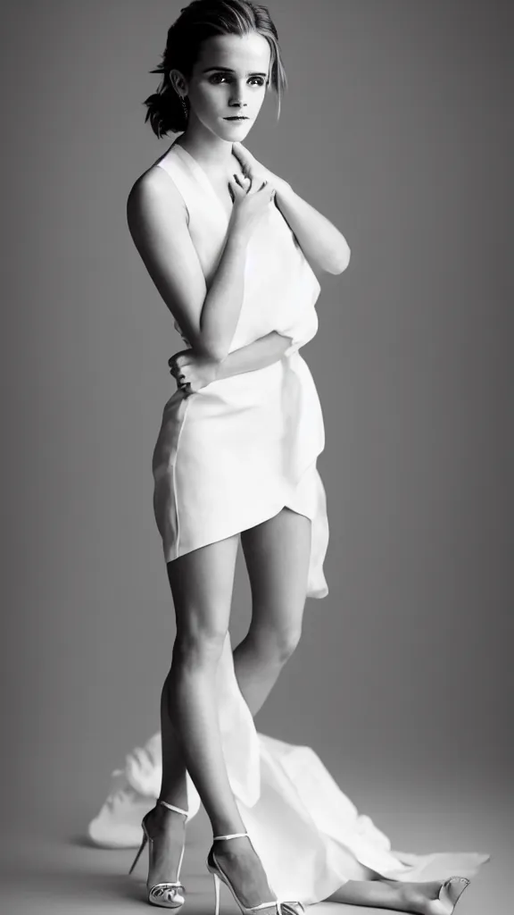 Prompt: an extremely beautiful sexy studio photo of emma watson wearing heels and a white dress, in a white room, pale skin, bokeh, very very very very beautiful!!, hard focus, full body shot, 9 0 mm, f / 1. 2 5