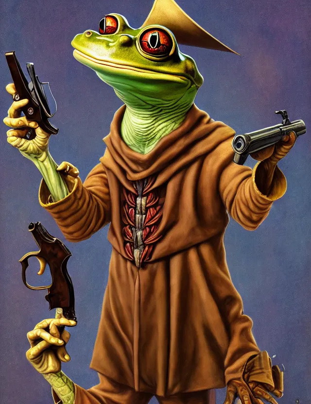 Prompt: anthropomorphic bipedal frog that is dressed as a renaissance librarian, and holding revolver pistols, as a matte oil painting and d & d character art, by alex grey, standing, fullbody, mystic, cold, jewels, concept art, award - winning, extremely detailed, sharp focus