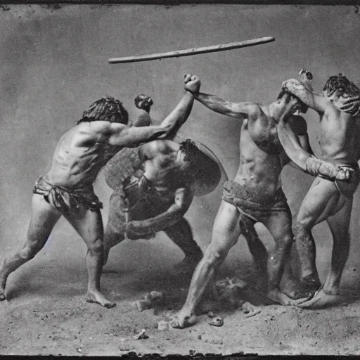 Image similar to brutal spartan men fistfighting in pit, sparta, daguerreotype photograph, ancient photograph