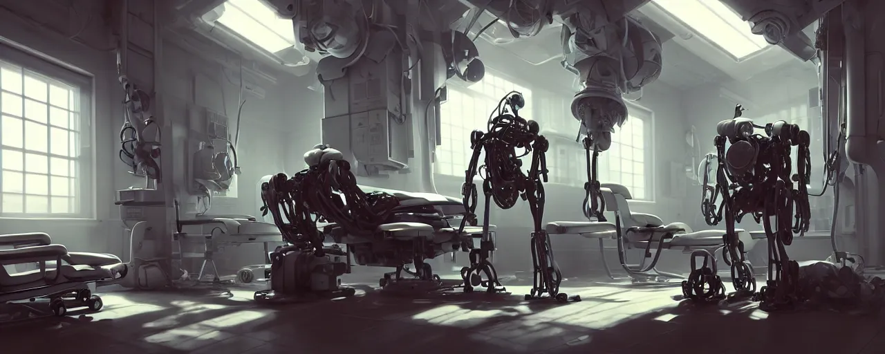 Prompt: an intricate concept art of a man in the hospital as experimental mechanical robot, concept art, style by dylan cole and tyler edlin art, hyper realistic, sci - fi, environment design, low - angle shot, unreal engine, epic lighting,