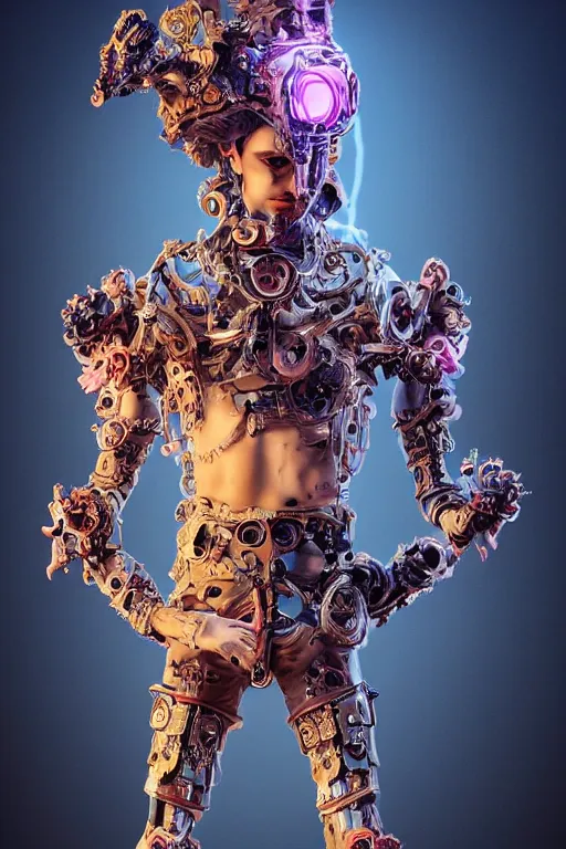 Image similar to full-body rococo and cyberpunk style sculpture of a young handsome Spanish prince half android with a chest exposing circuitry, glowing pink laser eyes, crown of blue gears and diamonds, swirling salmon-colored silk fabric, robotic raptors dinosaurs. baroque elements. full-length view. intricate artwork by caravaggio. Trending on artstation, octane render, cinematic lighting from the right, hyper realism, octane render, 8k, depth of field, 3D