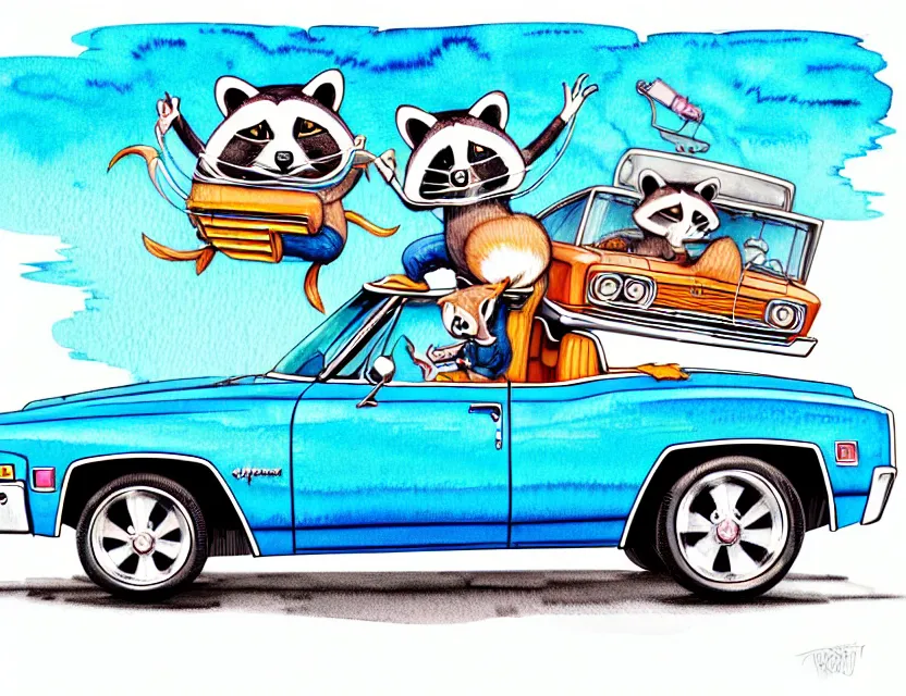 Image similar to cute and funny, racoon riding in a 1 9 6 9 chevy impala drop top with hydraulics, ratfink style by ed roth, centered award winning watercolor pen illustration, isometric illustration by chihiro iwasaki, edited by range murata, tiny details by artgerm and watercolor girl, symmetrically isometrically centered