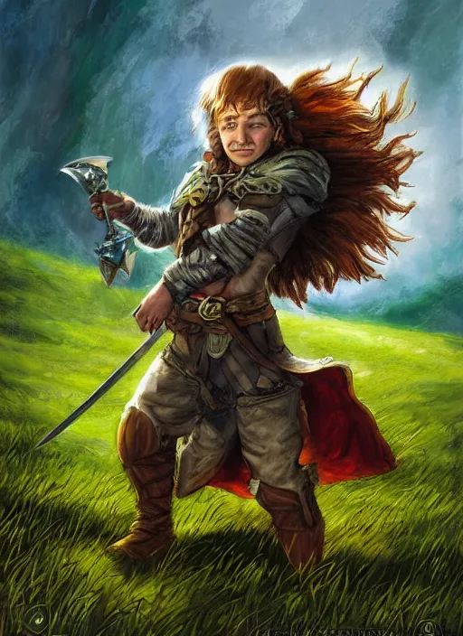 Image similar to A fantasy comic book roleplaying game style portrait painting of a halfling fighter on a beautiful meadow, DAZ, hyperrealistic, ambient light, dynamic light