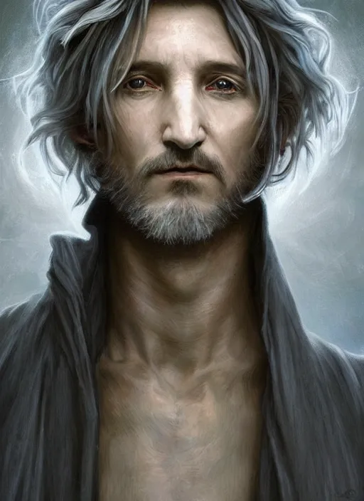 Prompt: Portrait of Sean Penn, white glowing eyes, silver shaggy hair, cloak, ethereal wings, male, fantasy, extremely detailed, digital painting, artstation, concept art, smooth, sharp focus, illustration, stunning lighting, art by artgerm and greg rutkowski and alphonse mucha and simon stalenhag, realistic character concept, high fantasy, light atmosphere, golden ratio, cinematic lighting, hyperdetailed, high resolution, insanely detailed and intricate, artstation, Marc Simonetti, Greg Rutkowski, 8k