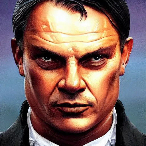 Image similar to [Viktor Orban in the movie Matrix as GTA character, closeup, D&D, intricate, elegant, highly detailed, digital painting, artstation, concept art, matte, sharp focus, illustration, art by Artgerm and Greg Rutkowski and Alphonse Mucha and Enki Bilal]