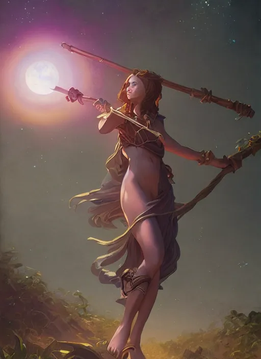 Image similar to hyper realistic photo of beautiful conjurer girl holding a magic staff under the moonlight, full body, rule of thirds, conceptart, saturated colors, cinematic, greg rutkowski, brom, james gurney, mignola, craig mullins, artstation, cgsociety