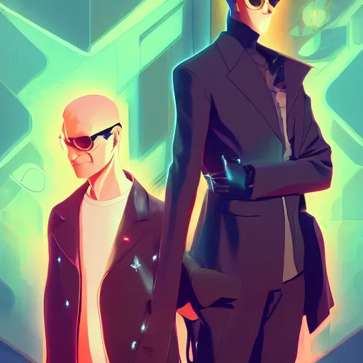 Image similar to The Wachowski Brothers as Neo and Morpheus, ambient lighting, 4k, anime key visual, lois van baarle, ilya kuvshinov, rossdraws, artstation